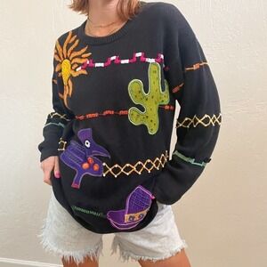 Vintage Black Crewneck Sweater with Colorful Desert Appliqués